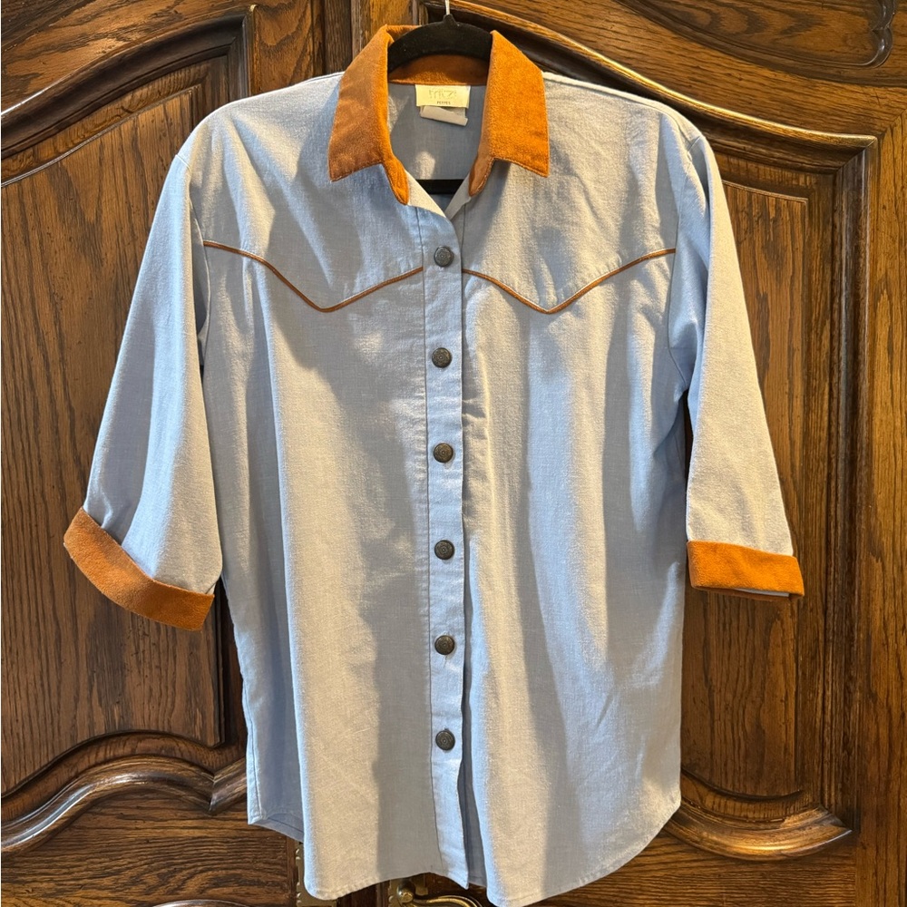 Vintage Fritzi Blue and Brown Western Button Down with Three-Quarter Sleeves